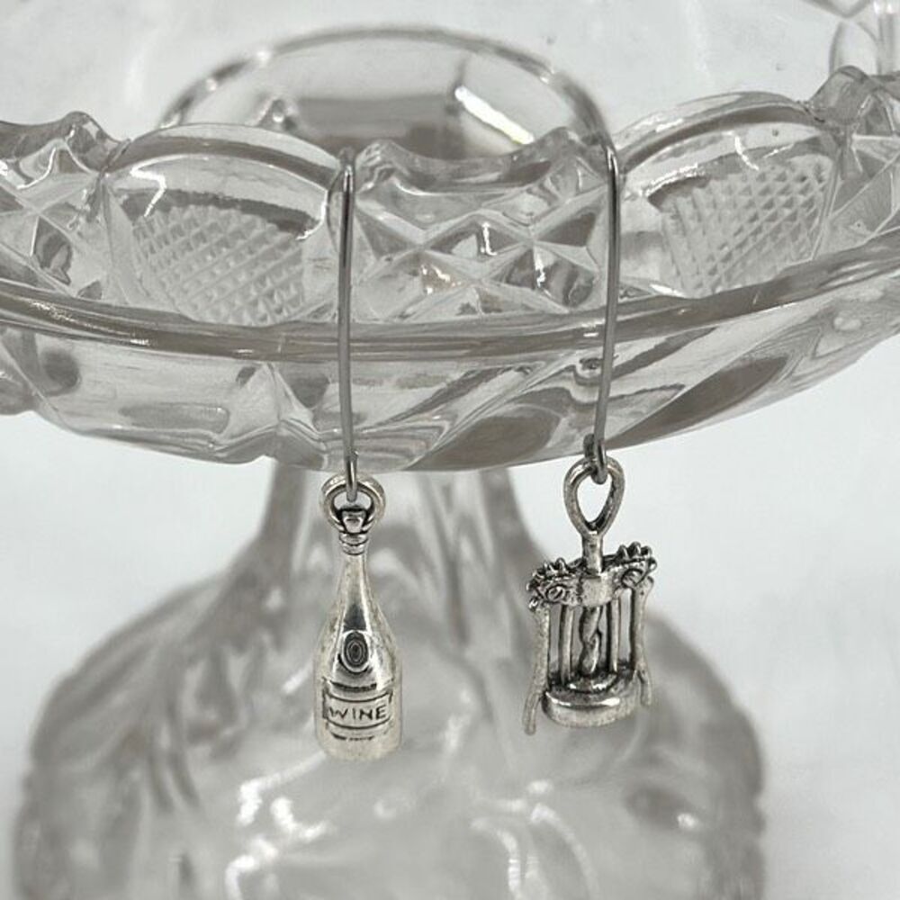 Wine & Cork‎ Remover Novelty Dangle Earrings Silvertone Bachelorette Party